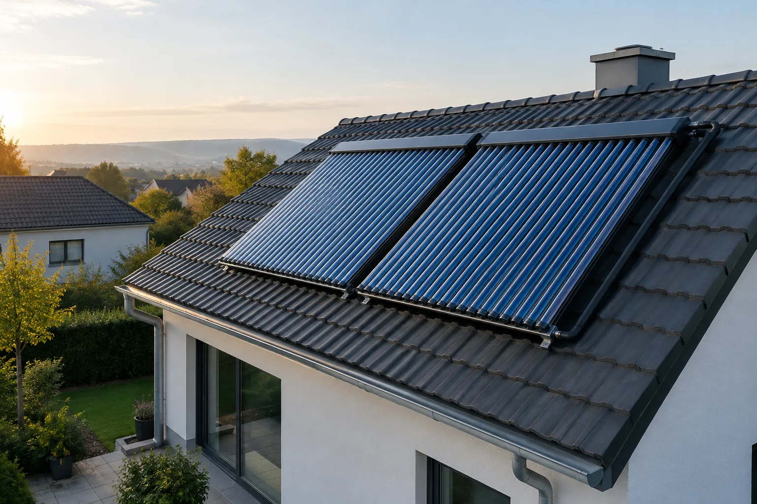Capteurs solaires thermiques installés sur la toiture d’une maison.