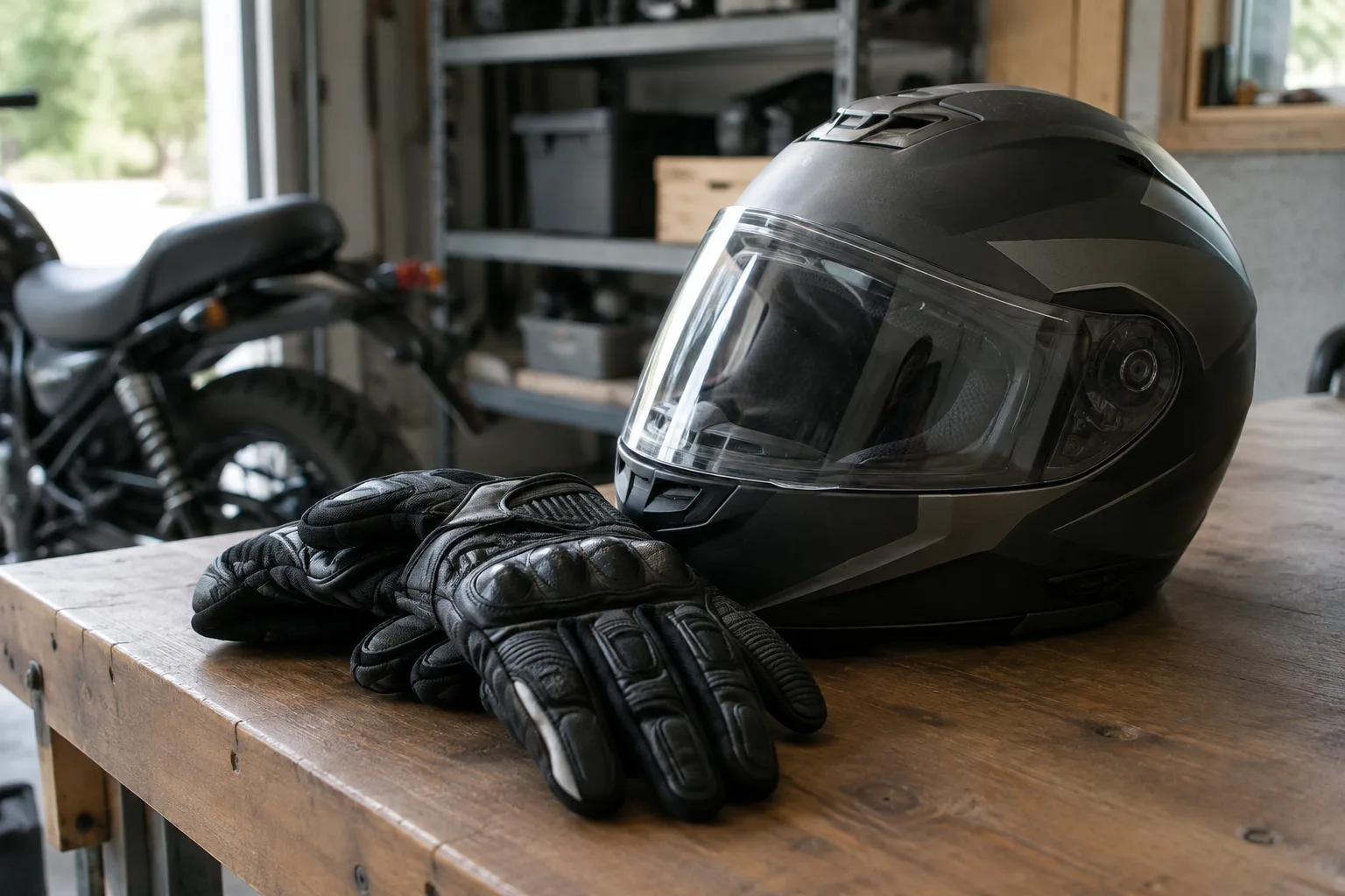 Paire de gants de moto posée à côté d’un casque dans un garage.
