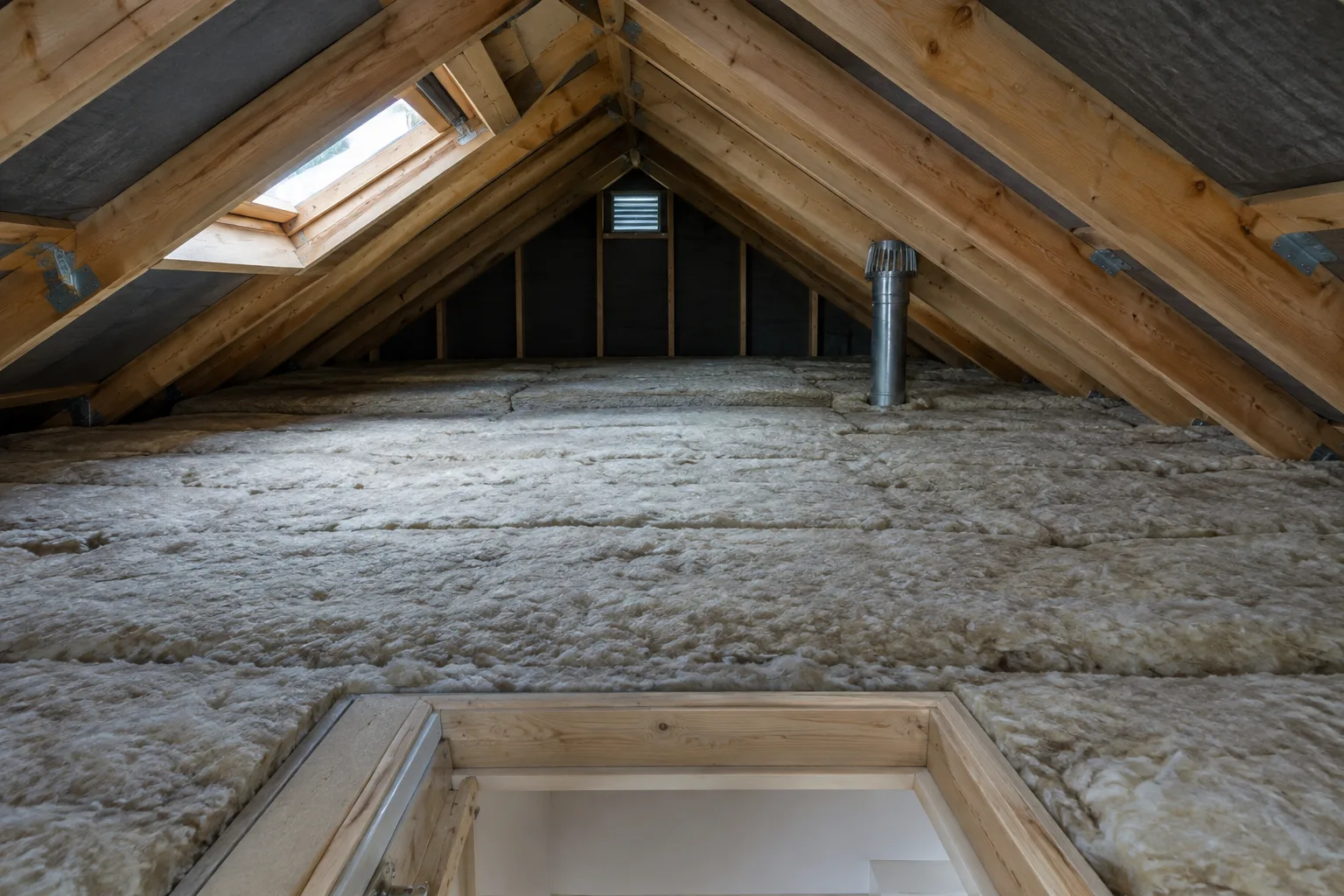 Combles perdus avec une couche d’isolant posée entre les éléments de charpente.
