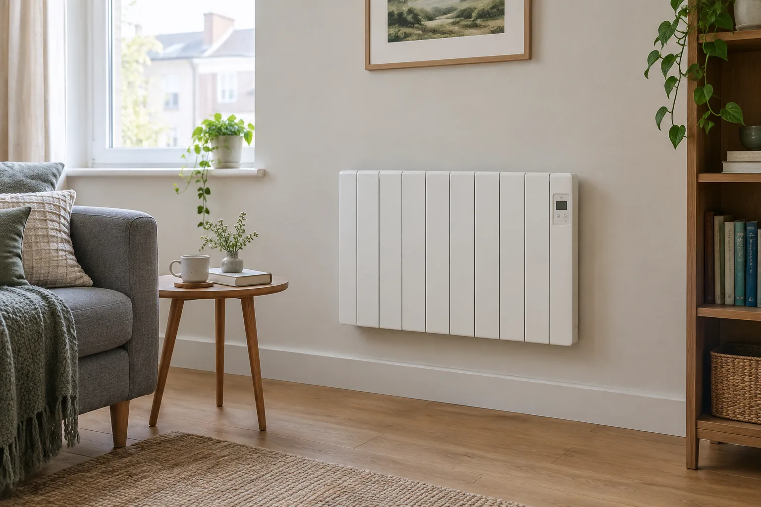 Radiateur électrique fixé au mur dans une pièce de vie claire.