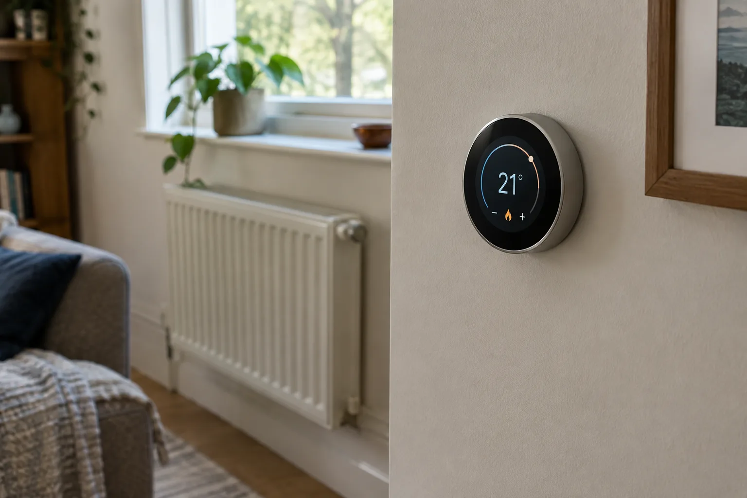 Thermostat programmable fixé au mur d’une pièce chauffée par un radiateur.